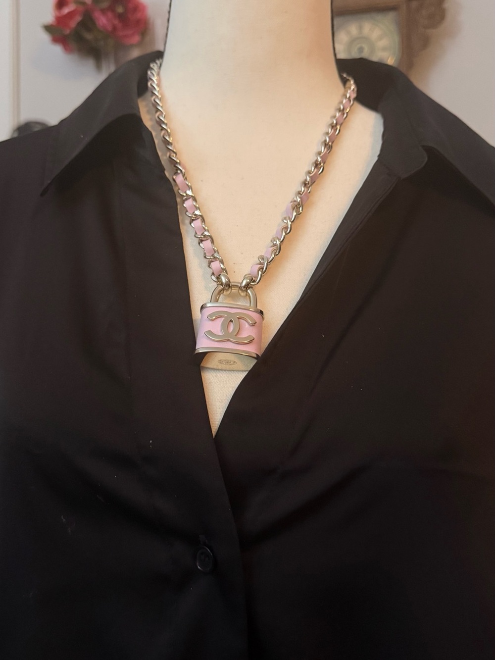 Pink Enamel Padlock Necklace with Chain